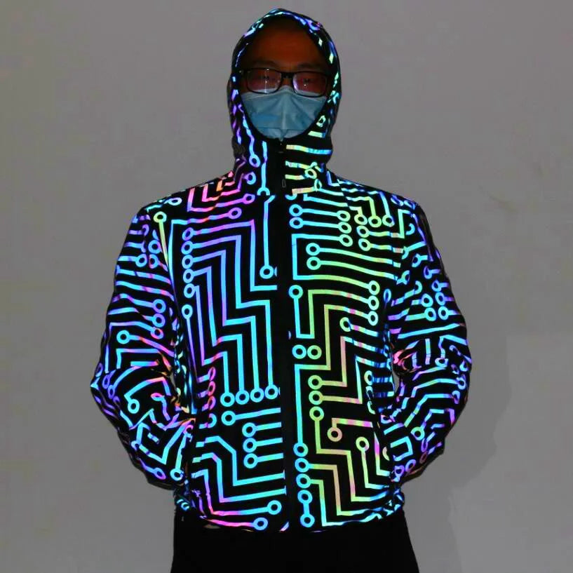 Men and women colorful reflective hooded polyester dance jacket in black with straight hem