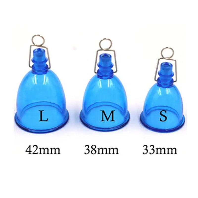 Blue silicone men's stretch exerciser cup shown in small, medium, and large sizes