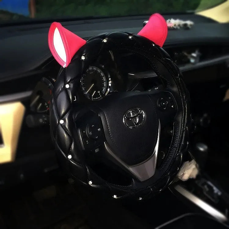 PU leather steering wheel cover with rhinestones, super cute ear series, 36cm or 38cm, in black or rose red