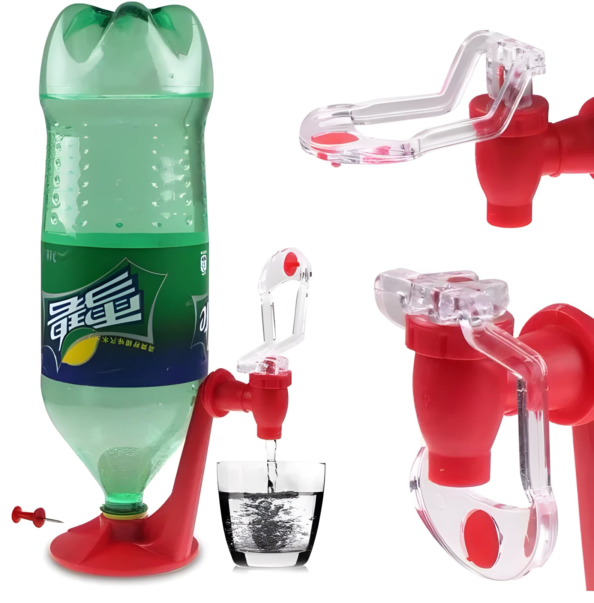 Red plastic Magic Tap soda dispenser attached to 2-litre bottle
