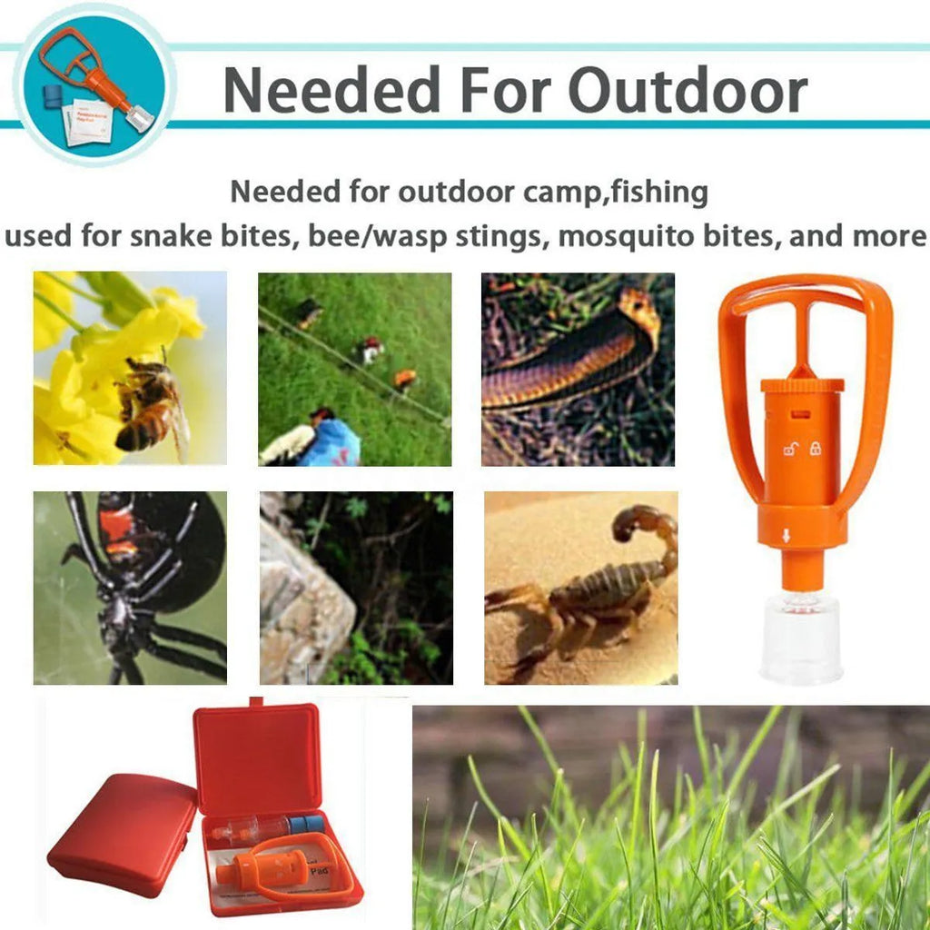 Orange plastic outdoor venom suction device kit open to show pump, two suction cups, tourniquet and swabs.