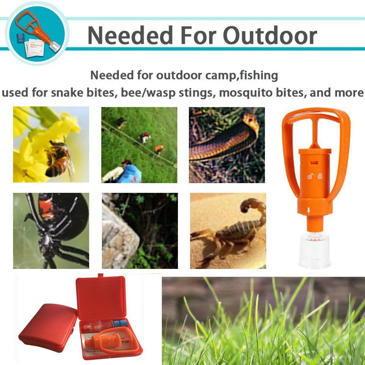 Orange plastic outdoor venom suction device kit open to show pump, two suction cups, tourniquet and swabs.