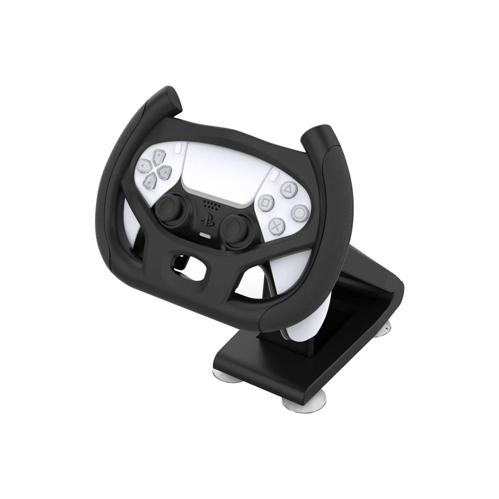 Black universal gamepad steering wheel bracket with suction cup for mobile phones, shown in colour box packaging.