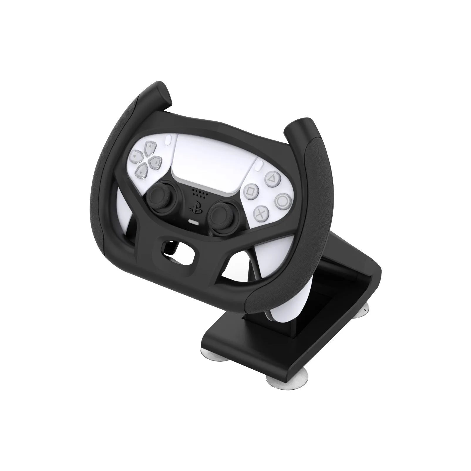 Black universal gamepad steering wheel bracket with suction cup for mobile phones, shown in colour box packaging.