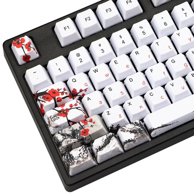 PBT keycap set with Wangjiang plum blossom design, showing Japanese, Korean, and US English legend options
