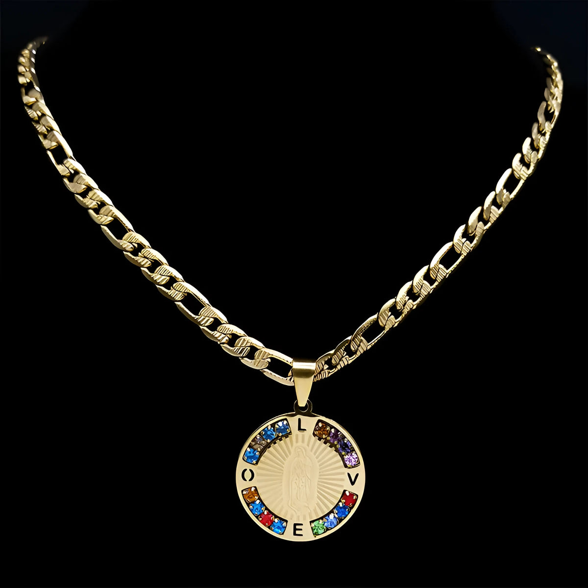 Geometric crystal necklace in titanium steel with electroplated gold or steel colour finish