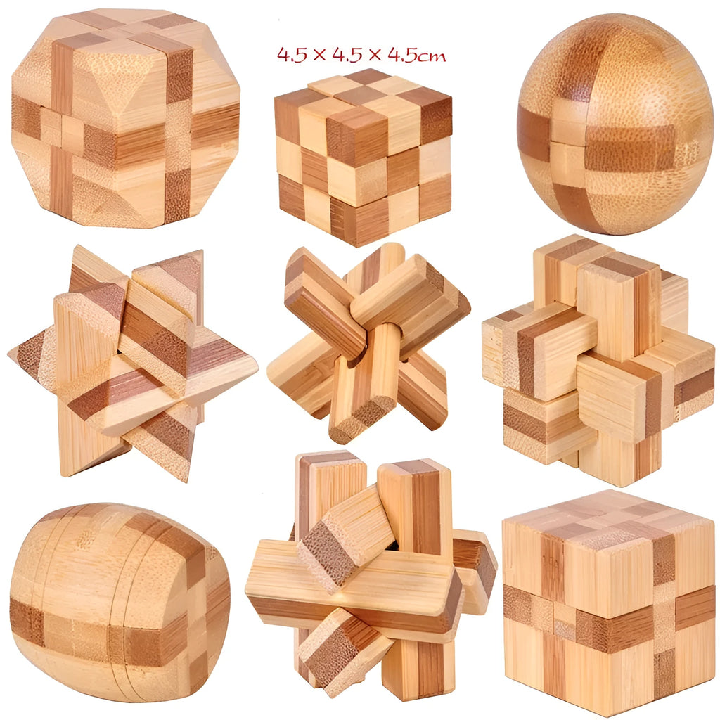 Wooden Kongming lock puzzle 4.5cm cube in natural wood with colourful interlocking pieces