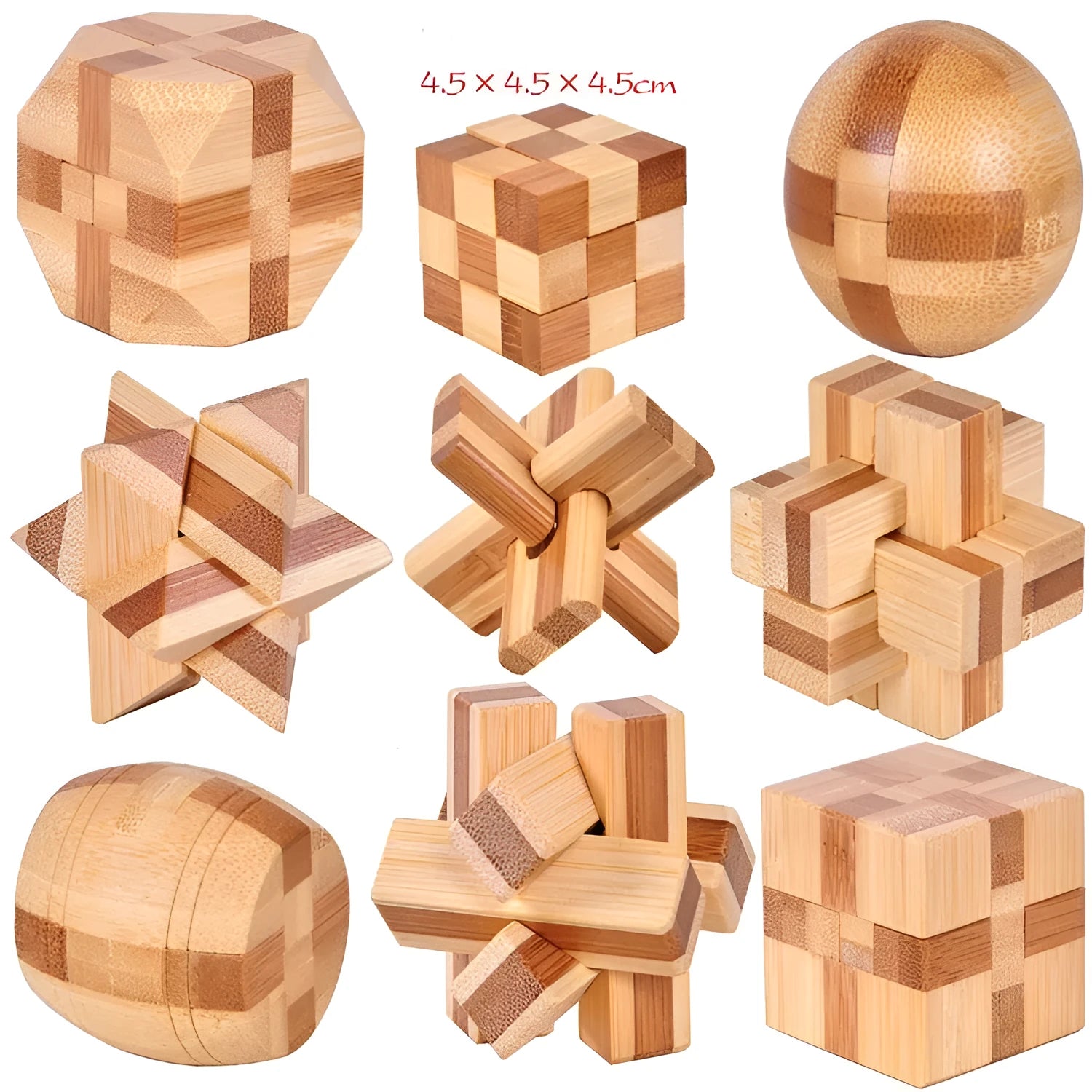 Wooden Kongming lock puzzle 4.5cm cube in natural wood with colourful interlocking pieces