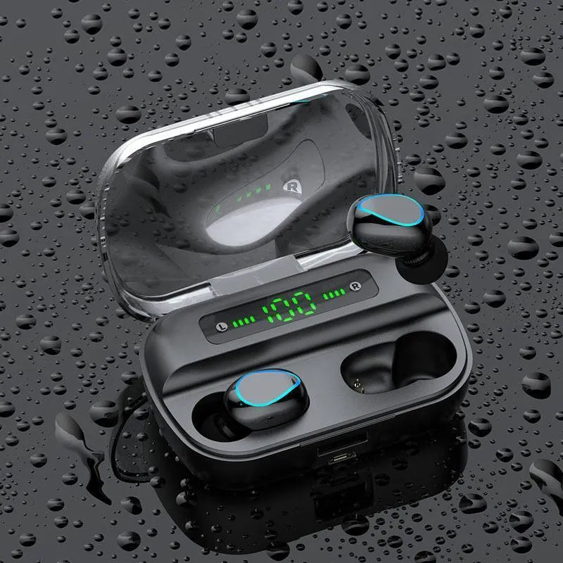 Wireless Bluetooth headset with dual earplug design showing connectivity and voice control features