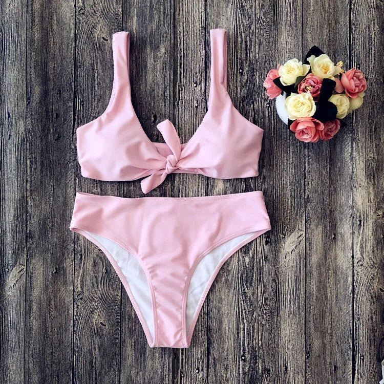 Women's solid colour bikini swimsuit set in polyester, shown in available colours.