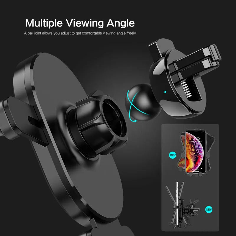 Black gravity car phone holder mounted on car vent with smartphone secured in 360-degree rotating cradle