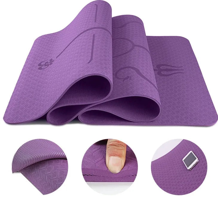 Non-slip TPE yoga mat 6mm body position line in bamboo blue