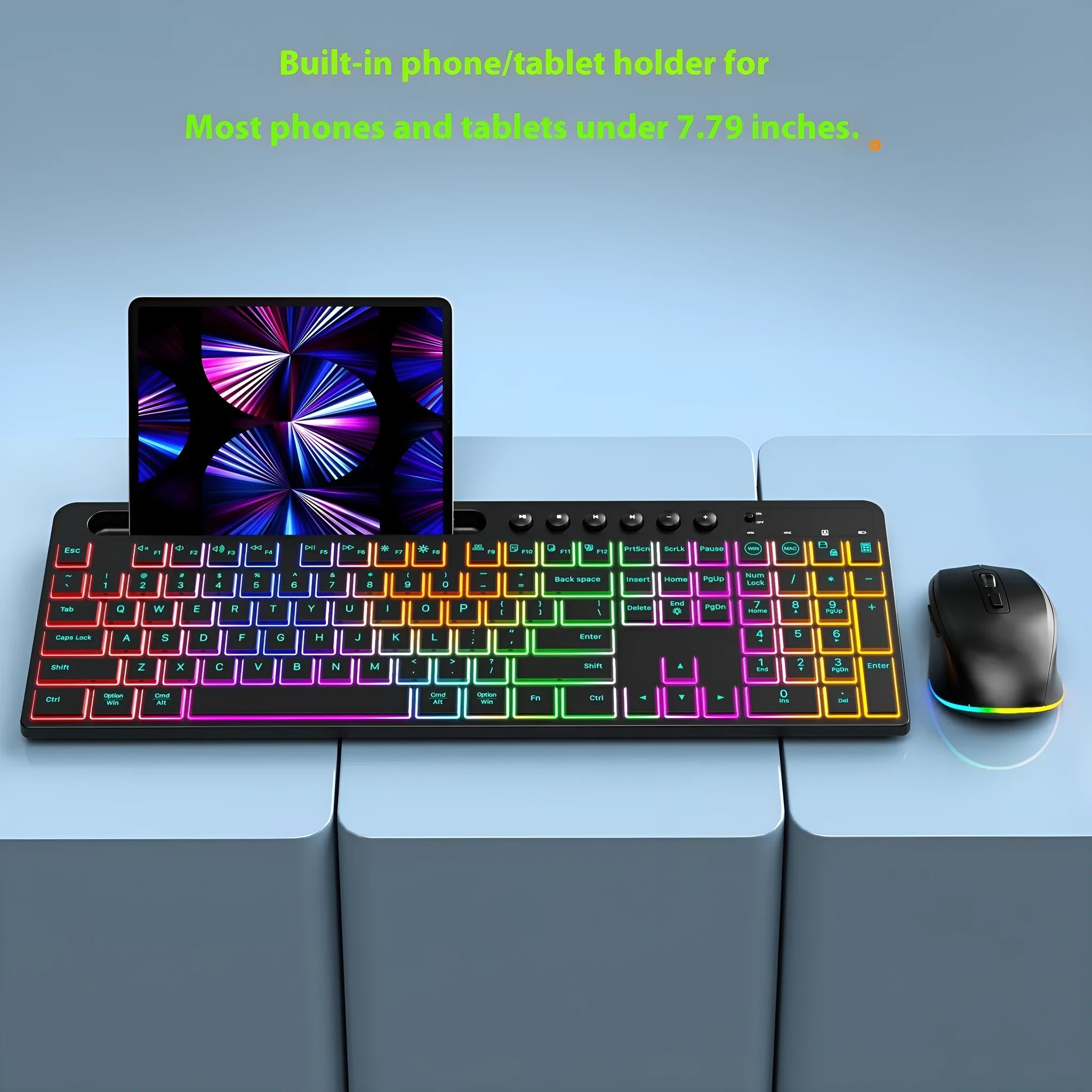 Wireless keyboard and mouse set with luminous keys and ergonomic mouse design