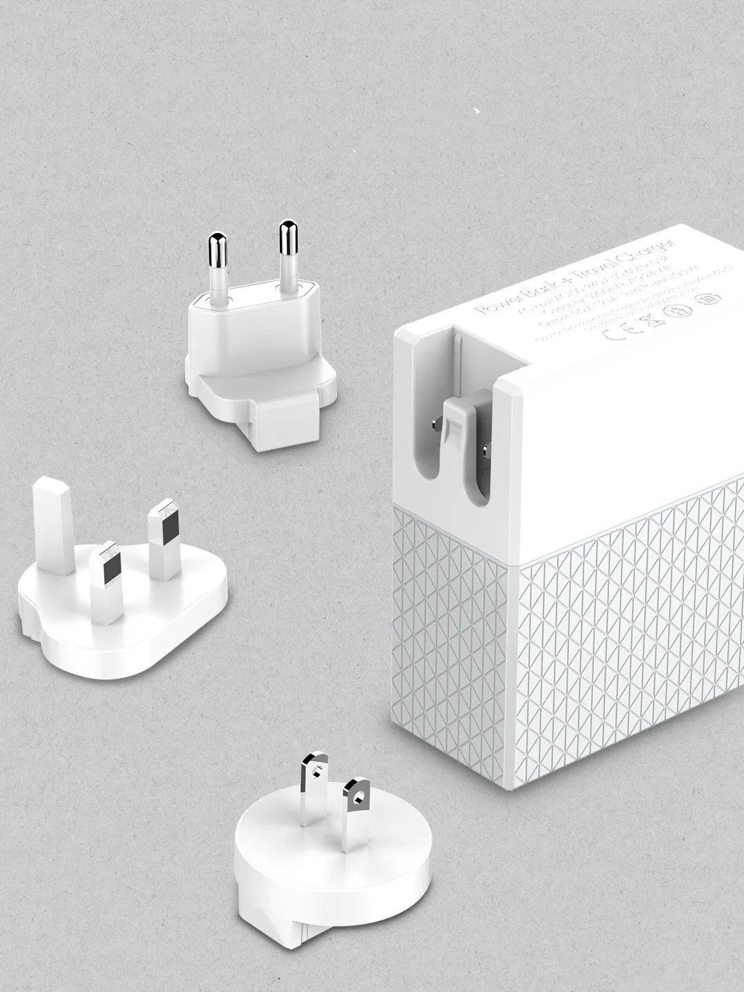 White two-in-one power bank charger with integrated plug, showing UK/US/EU pins and 5200mAh capacity.