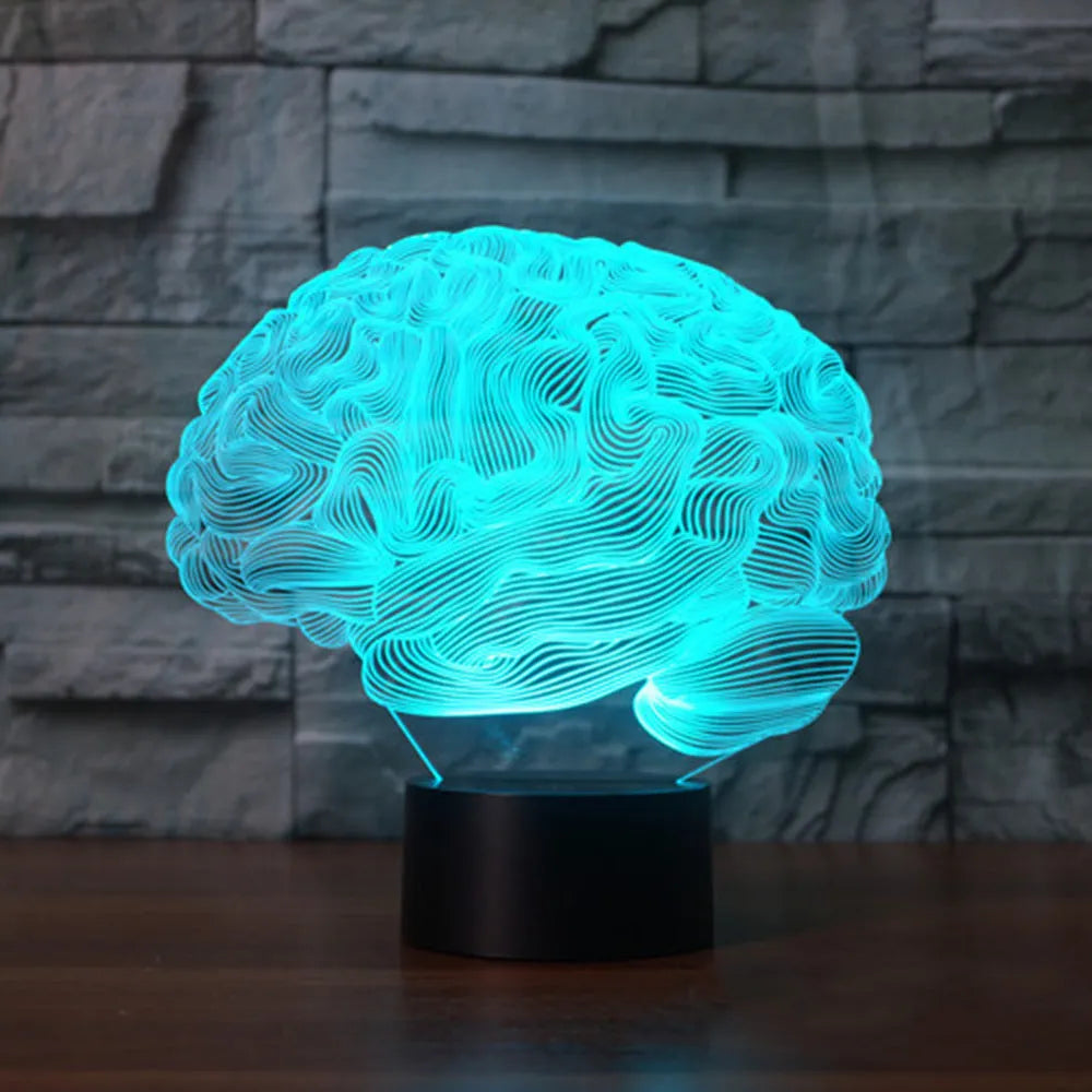 Brain-shaped 3D LED acrylic desk lamp with remote control showing colour-changing illumination