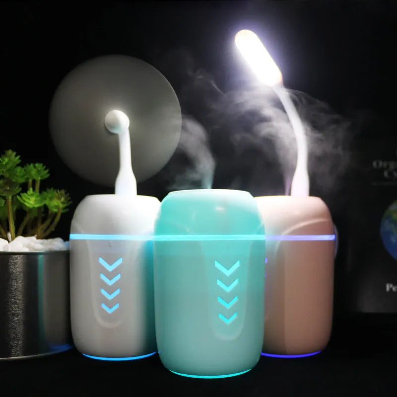 Portable column-shaped car humidifier with aromatherapy function in blue, white, or pink colours