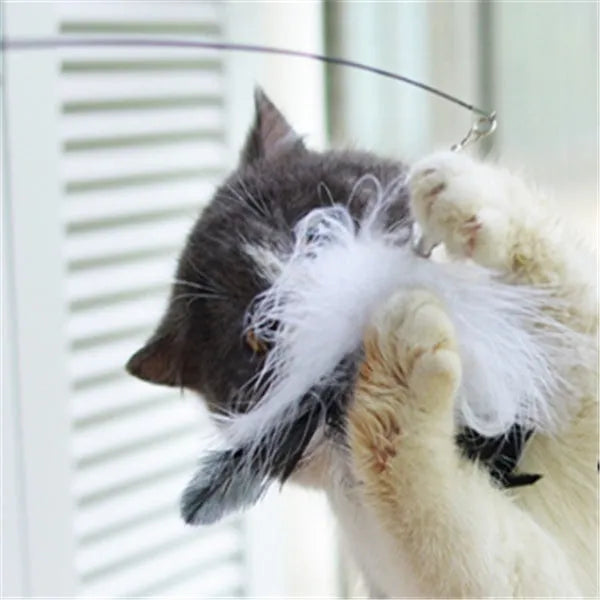 Cat toy funny cat stick with wooden handle, 80cm flexible rod, and black and white fur replacement heads