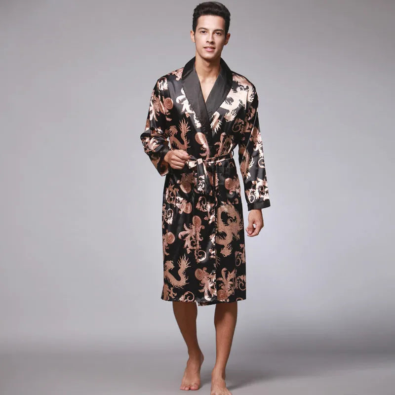 Men's silk robe in Dragon style with V-neck and long sleeves, available in multiple colours and sizes