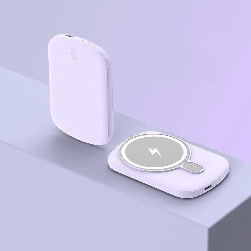 Magsafe magnetic wireless power bank in Barbie Pink, Black, White, or Purple, showing front view with creative design.