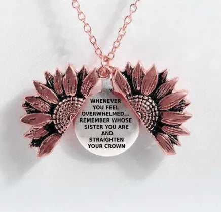 Sunflower double-layer alloy necklace with openable flower centre and lettering plate