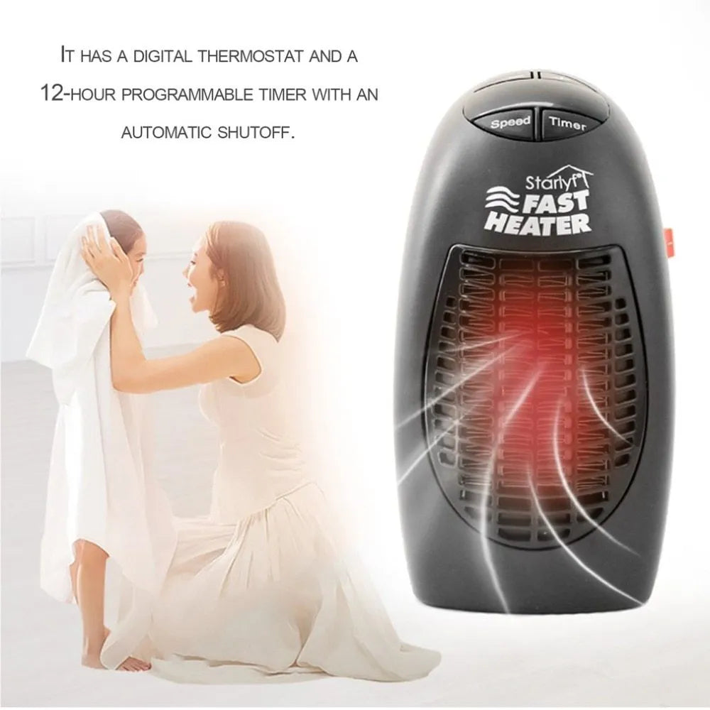 Black compact ceramic electric heater with digital display and a rotating three-pin plug.