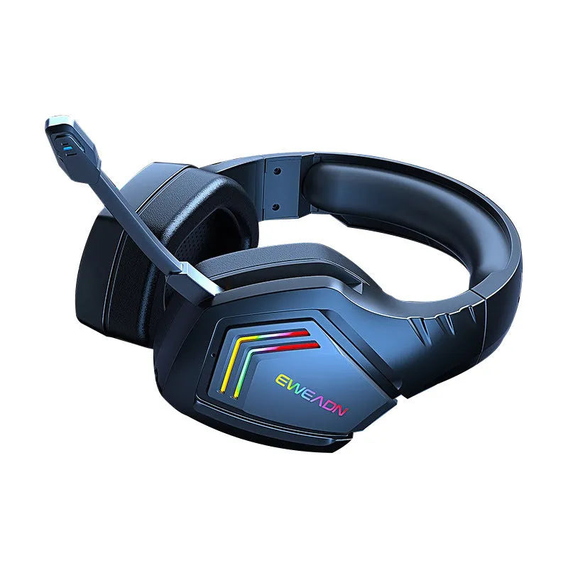 Black wireless Bluetooth headset with RGB lighting on the ear cups.