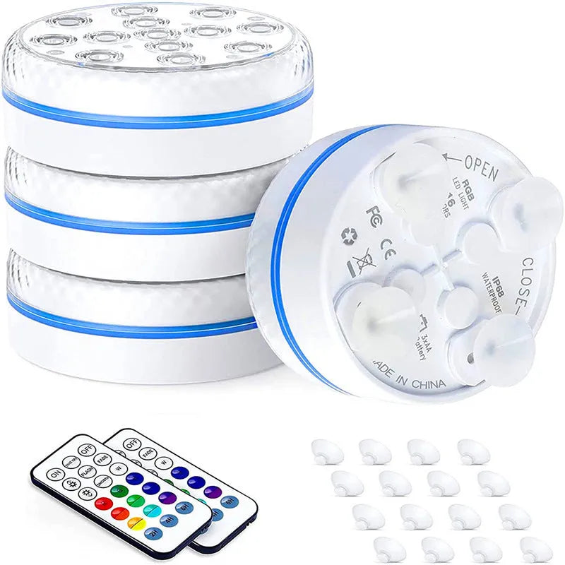 Remote control colour-changing underwater LED light with IP68 waterproof rating in a compact 7cm by 3cm ABS case.