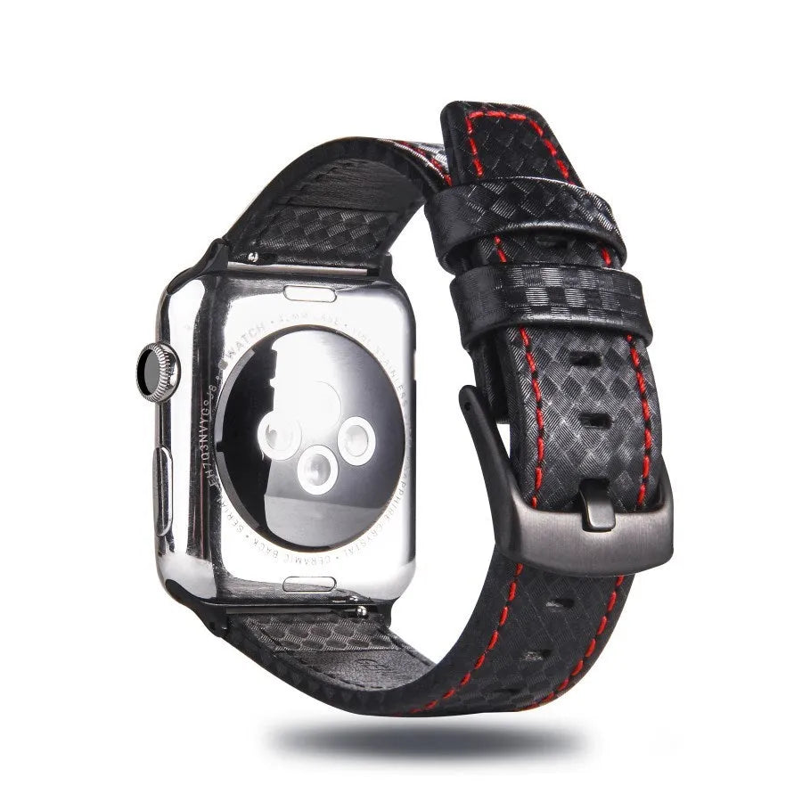 Apple Watch case with leather strap and carbon fibre elements in four colour options