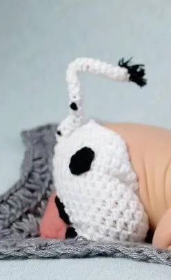 Hand-knitted white baby cow suit with matching hat for 0-3 month newborns