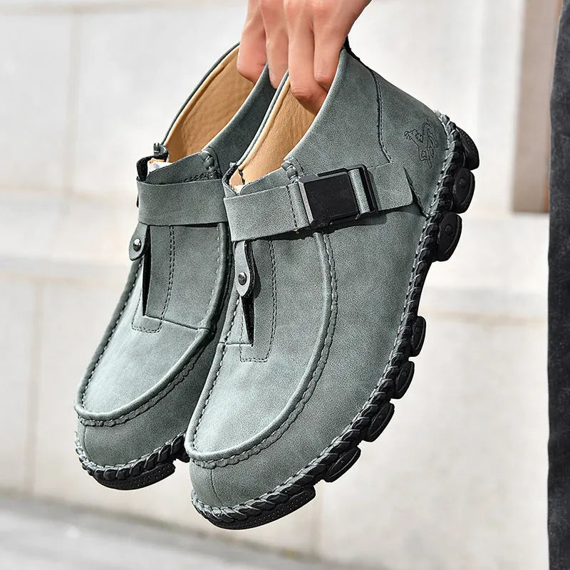 Handmade stitching casual flat bottom slip on lazy shoes in black synthetic leather
