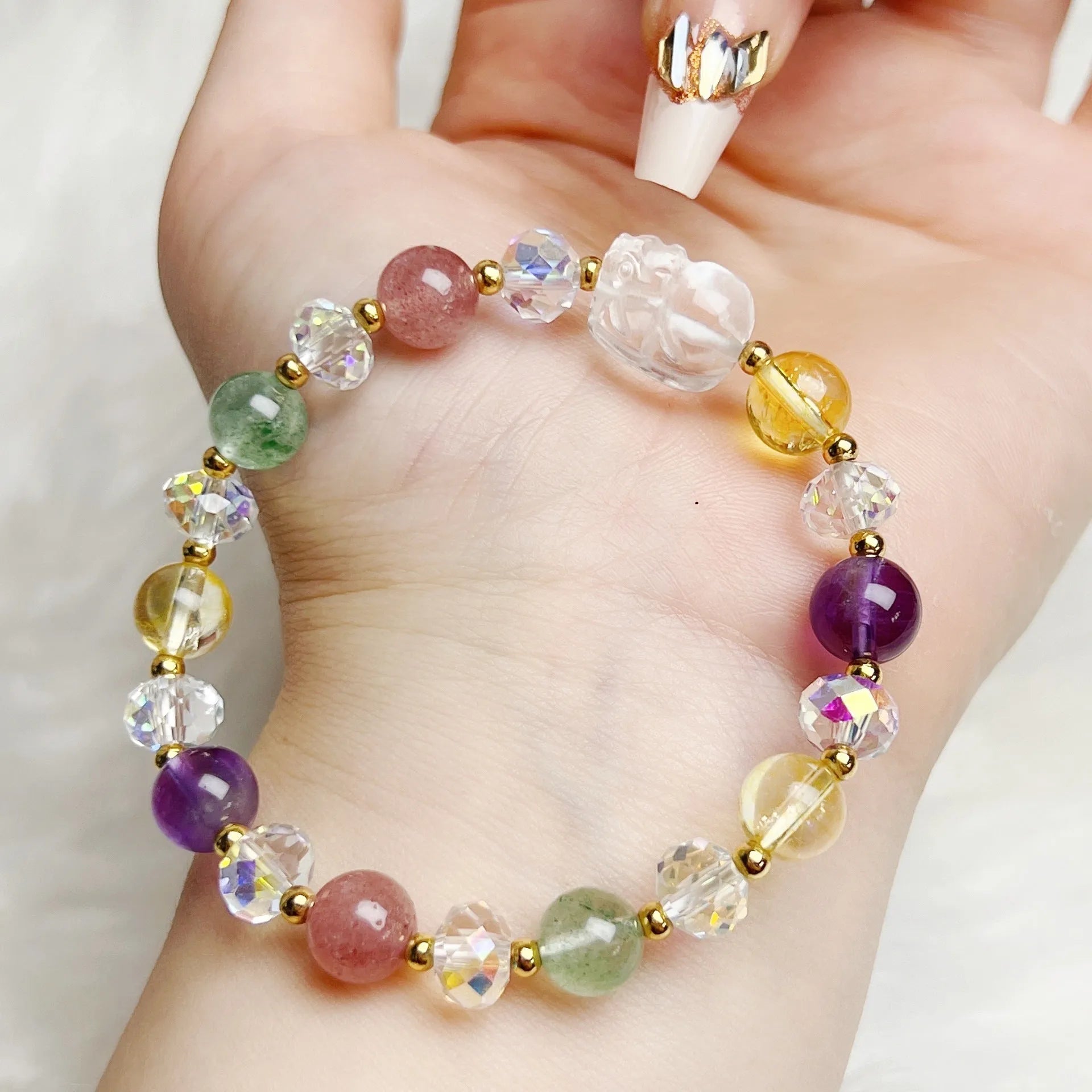 Colourful crystal bracelet with Phoenix Nine Tail Fox charm and manual beadwork