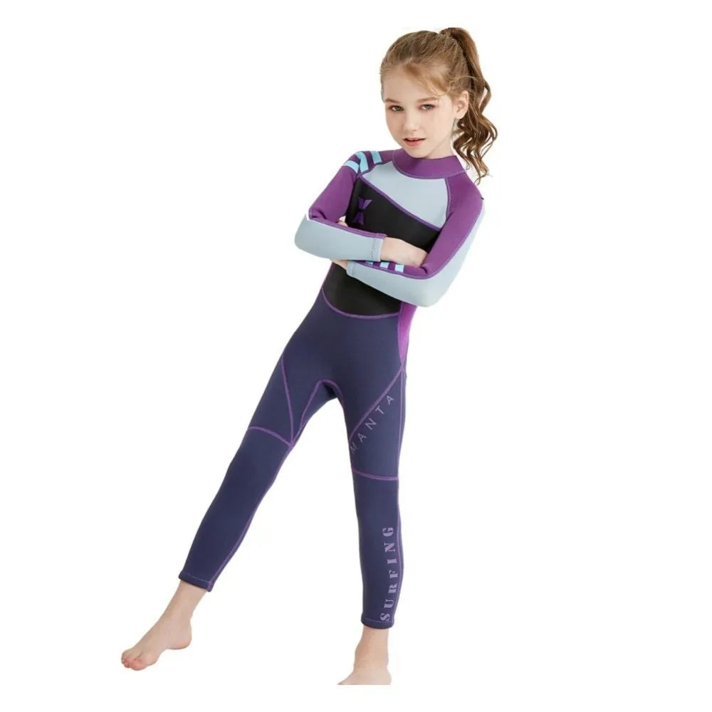 Children diving suit for girls SCR neoprene nylon wetsuit black pink colour front view
