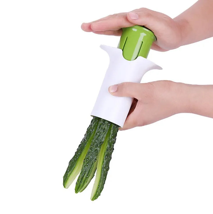 White ABS plastic vegetable and fruit slicer with six stainless steel blades.