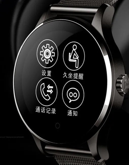 K88H smart watch showing time on its 1.3-inch IPS screen, available in black, gold, rose gold, and silver.