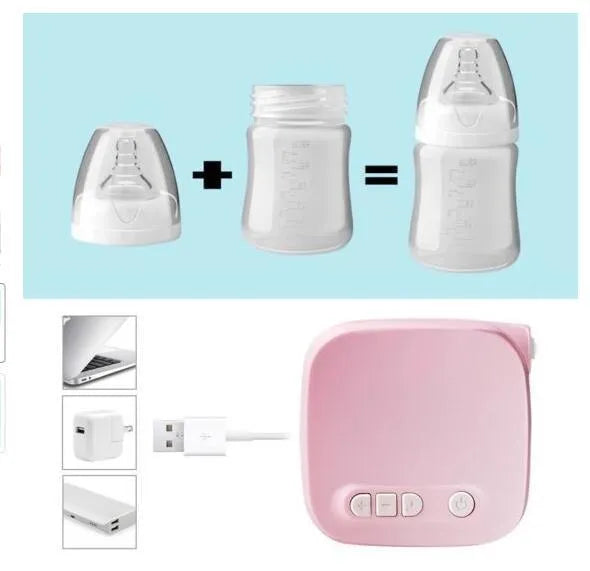 White electric breast milk pump kit with 150ml bottle and USB cable on a plain background