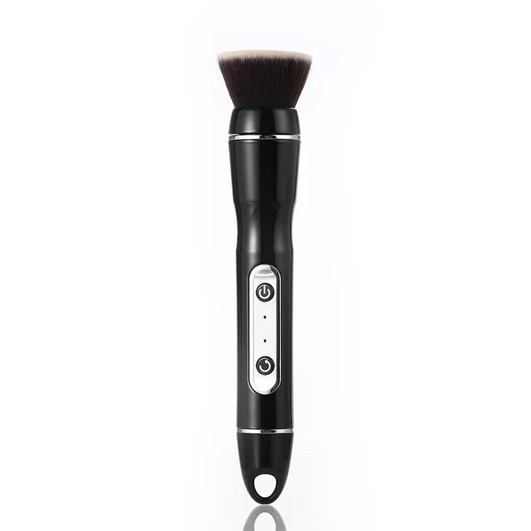 Electric makeup brush with foundation head and blush head, black, on a white background