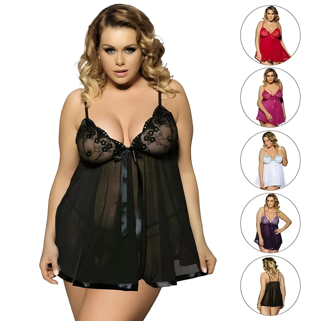 Women's purple mesh lace sleepdress on a hanger, showing seamless design and larger 6XL size.