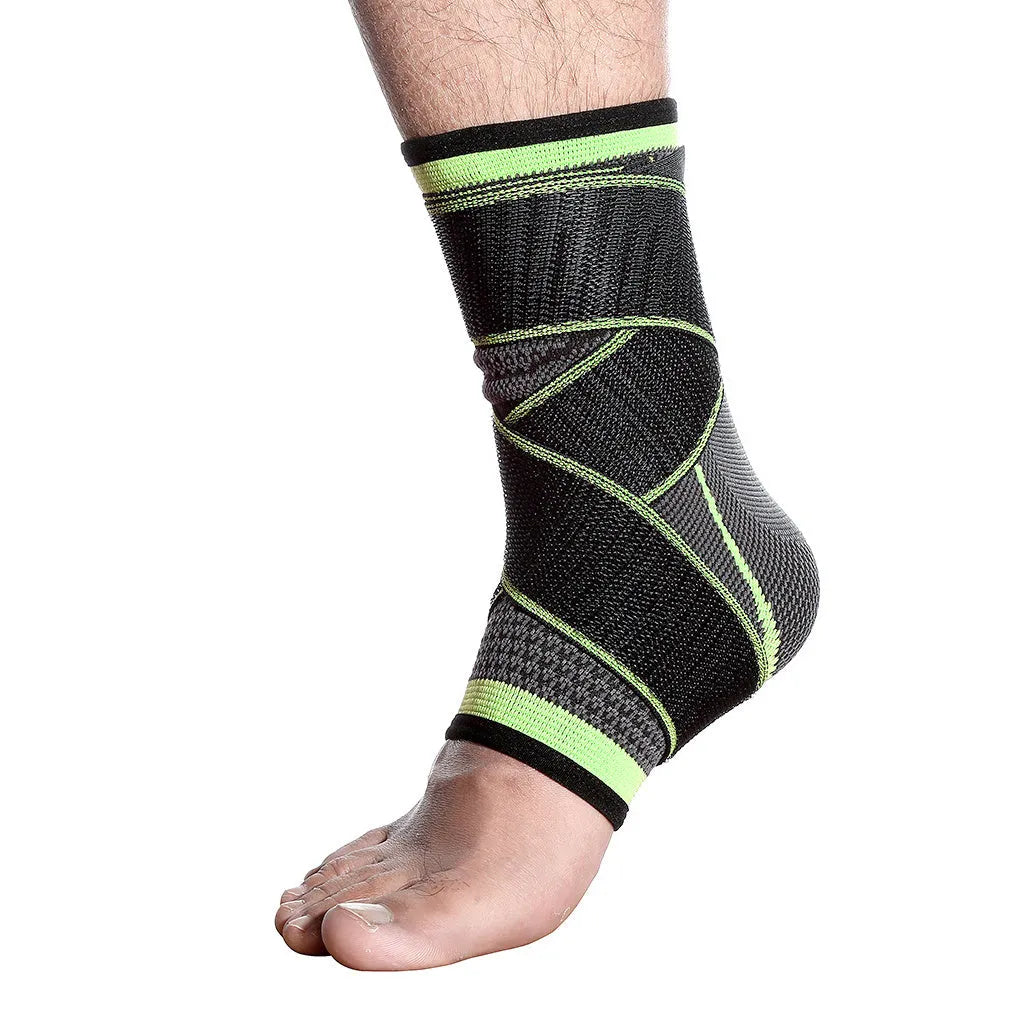 Compression sports ankle support in green, black, and orange colours with free-size elastic fit