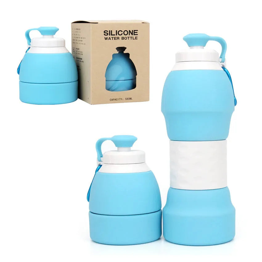 Blue silicone folding water bottle shown extended and collapsed, with 580ml capacity mark.