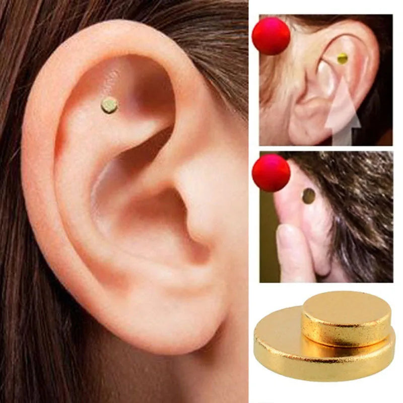 Gold quit smoking magnet earrings set with two sizes 0.5cm and 0.8cm on ear for auricular acupressure therapy