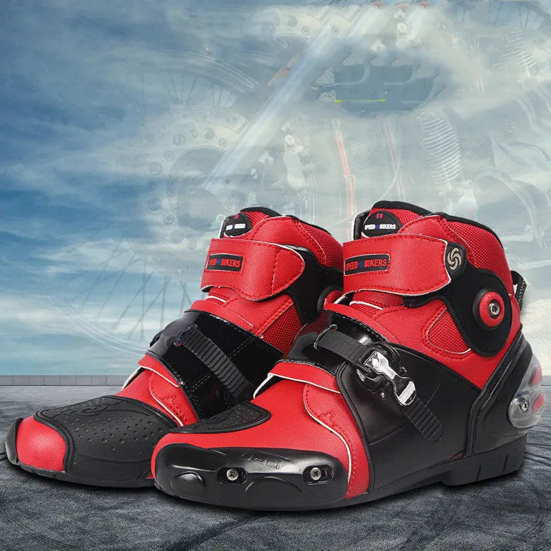 Road motorcycle riding shoes ankle boots with anti-twist design, yellow sticking block, and adjustable buckle, sizes 38-45.