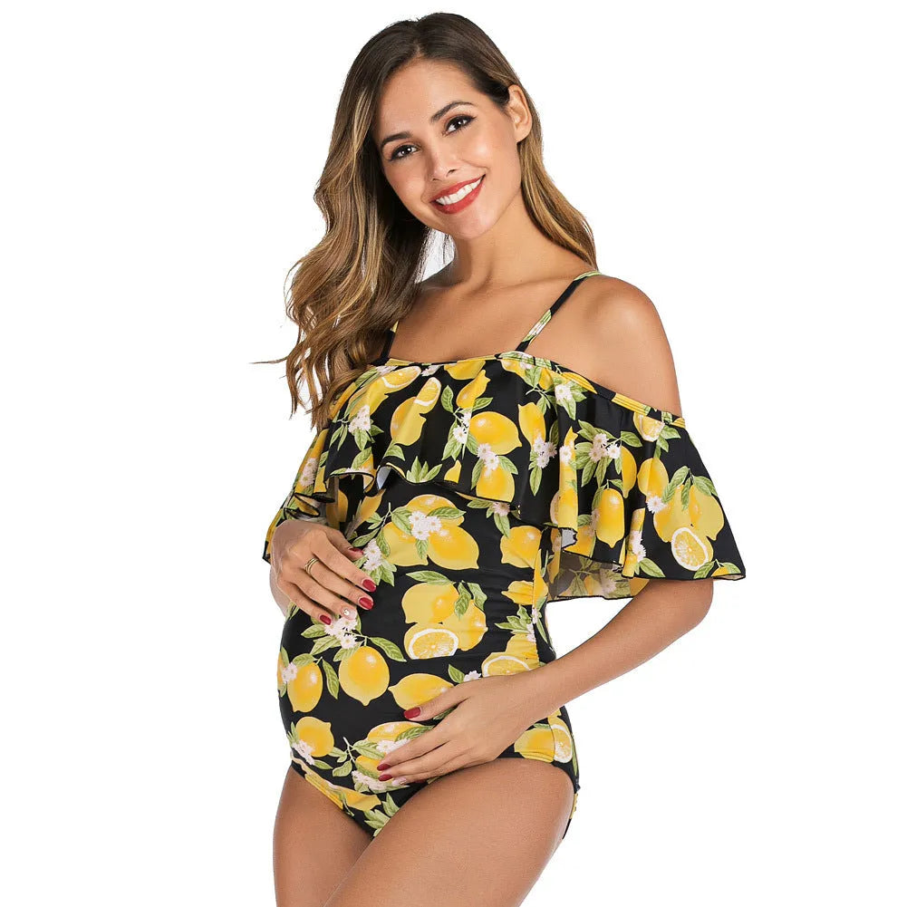 Ruffled one-piece maternity swimsuit in lemon nylon with chest pad option, Asian sizes S to XXL