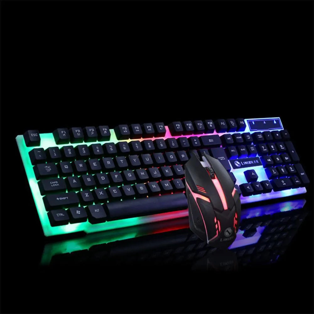 GTX300 black wired keyboard and mouse set with backlit keys on a desk