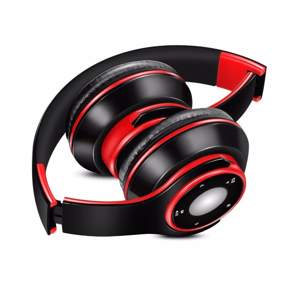 Blue foldable wireless Bluetooth headset with adjustable hinges and a 3.5mm audio jack.