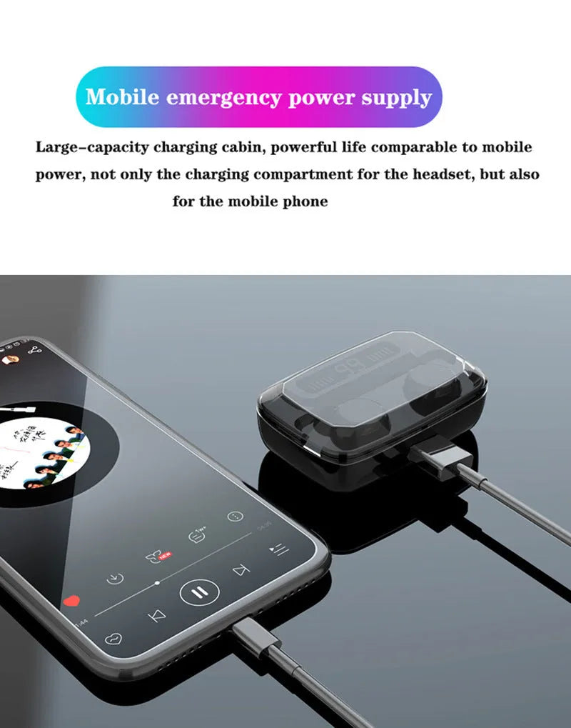 Black M11 wireless Bluetooth in-ear headphones with a matching charging case showing digital battery display.