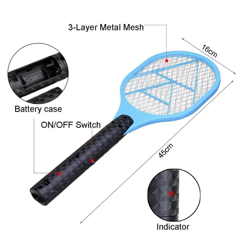 Blue handheld battery electric mosquito swatter with a 45cm long handle and a three-layer metal grid.