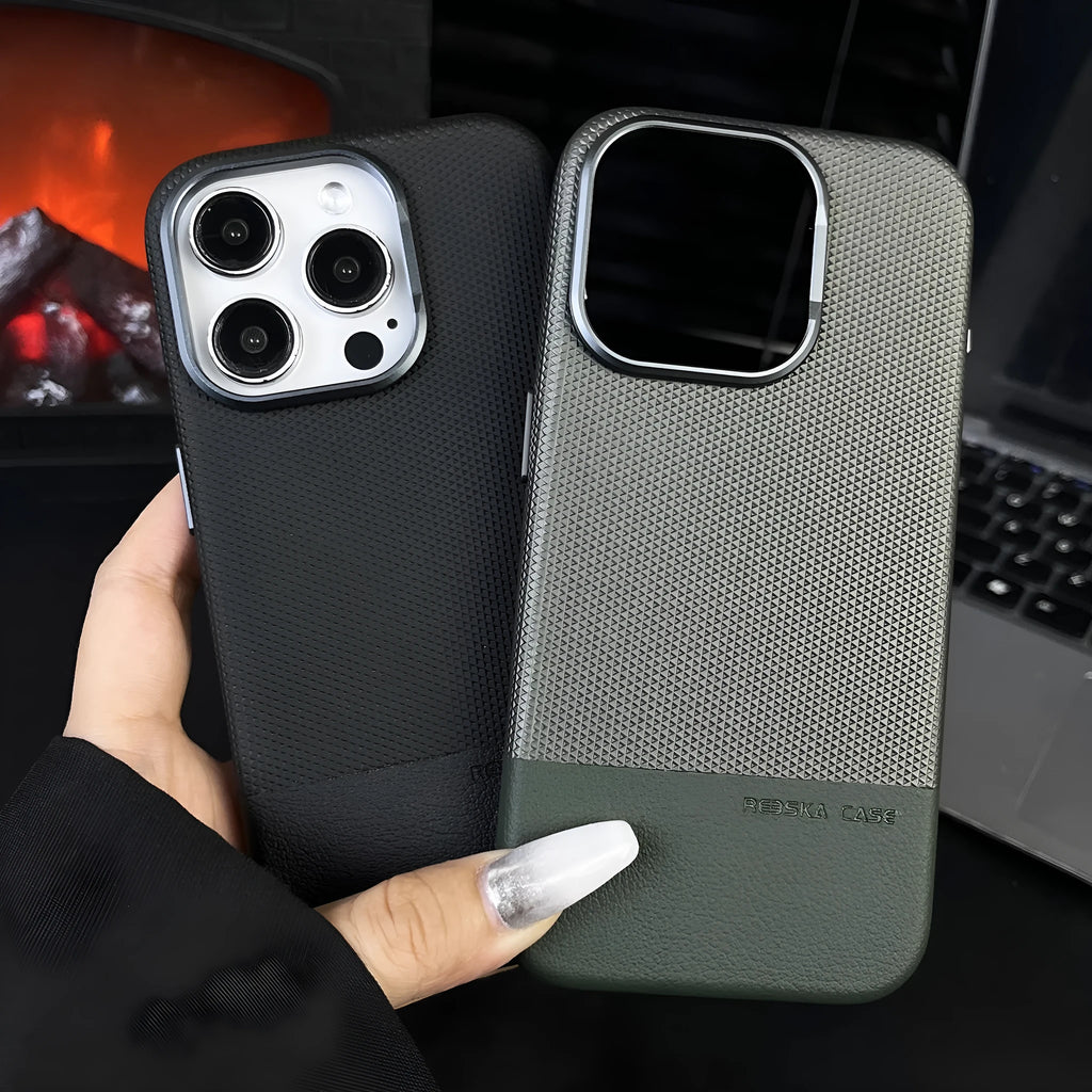 Magnetic all-inclusive iPhone case with dragon scale texture and stitching leather design in black, grey, or green
