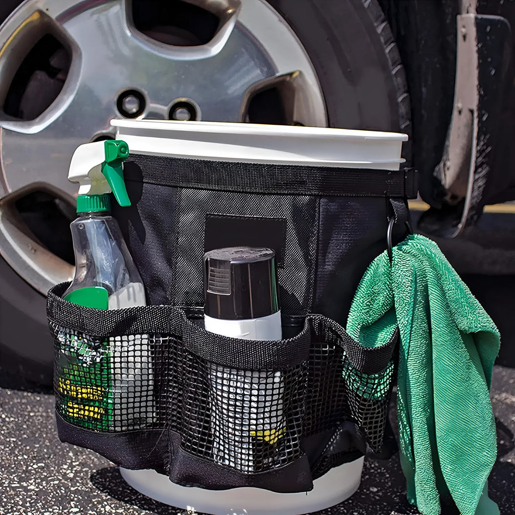 Black cylindrical polyester hanging storage bag for a 5-gallon barrel