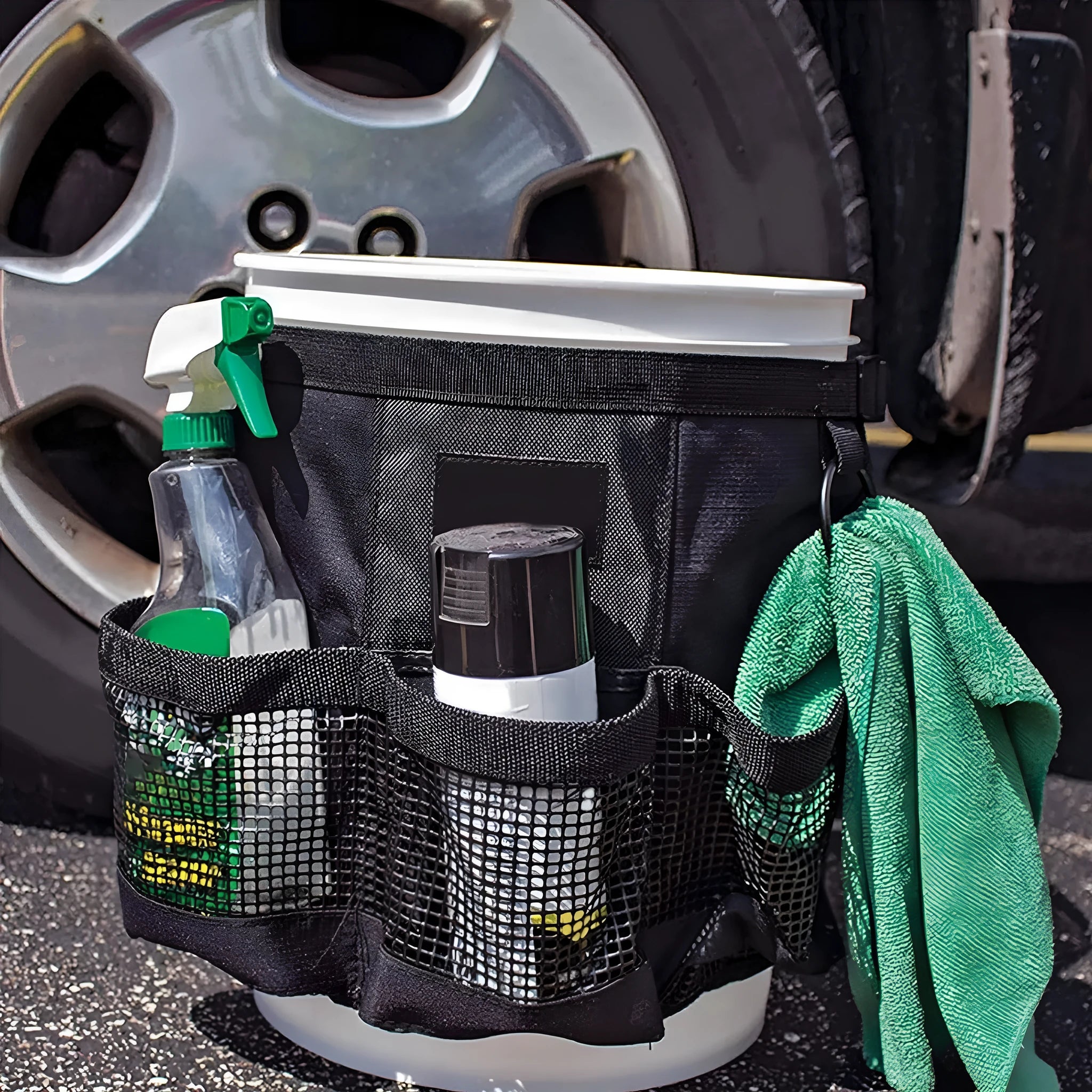 Black cylindrical polyester hanging storage bag for a 5-gallon barrel