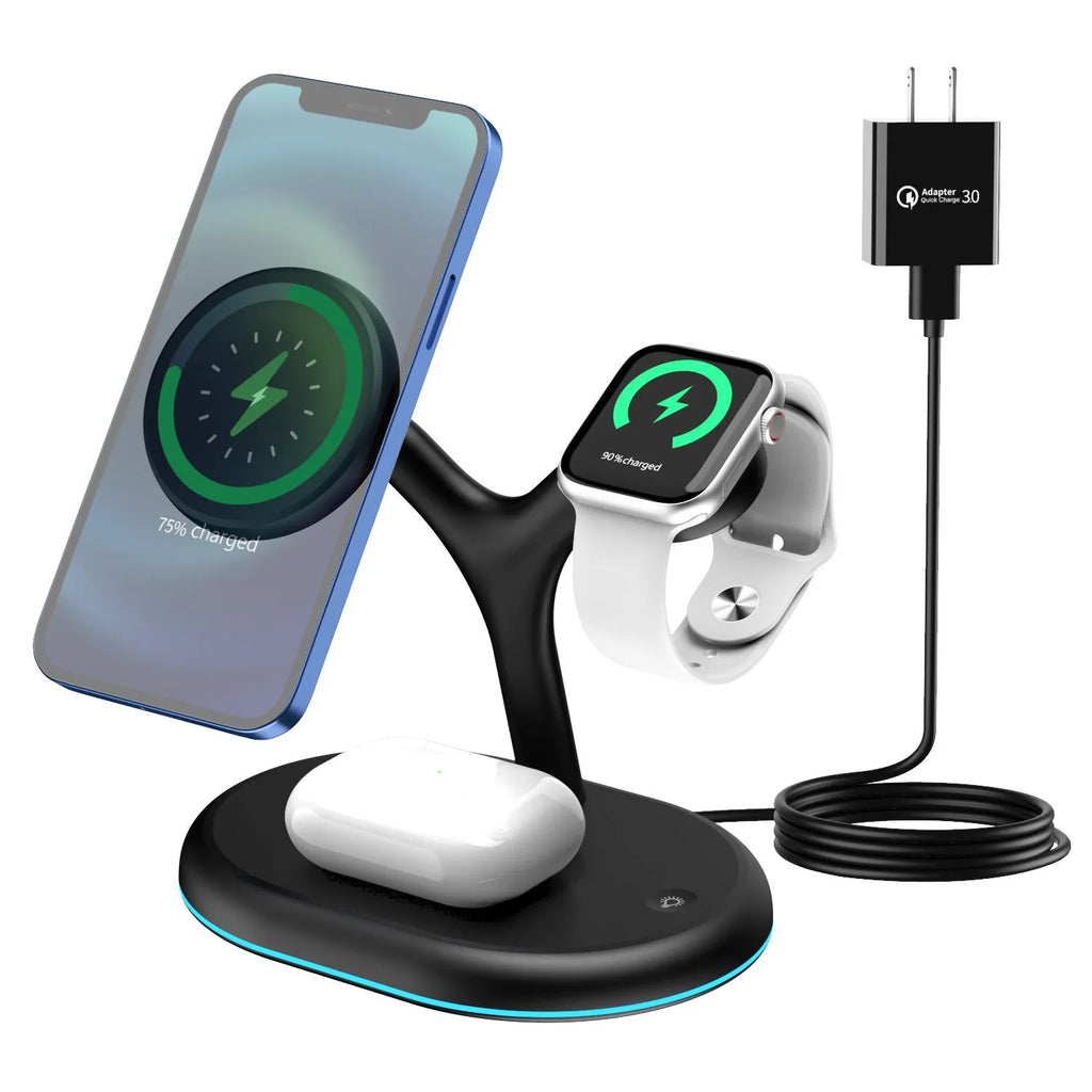 Black magnetic wireless charger with three-in-one functionality and ABS plastic construction